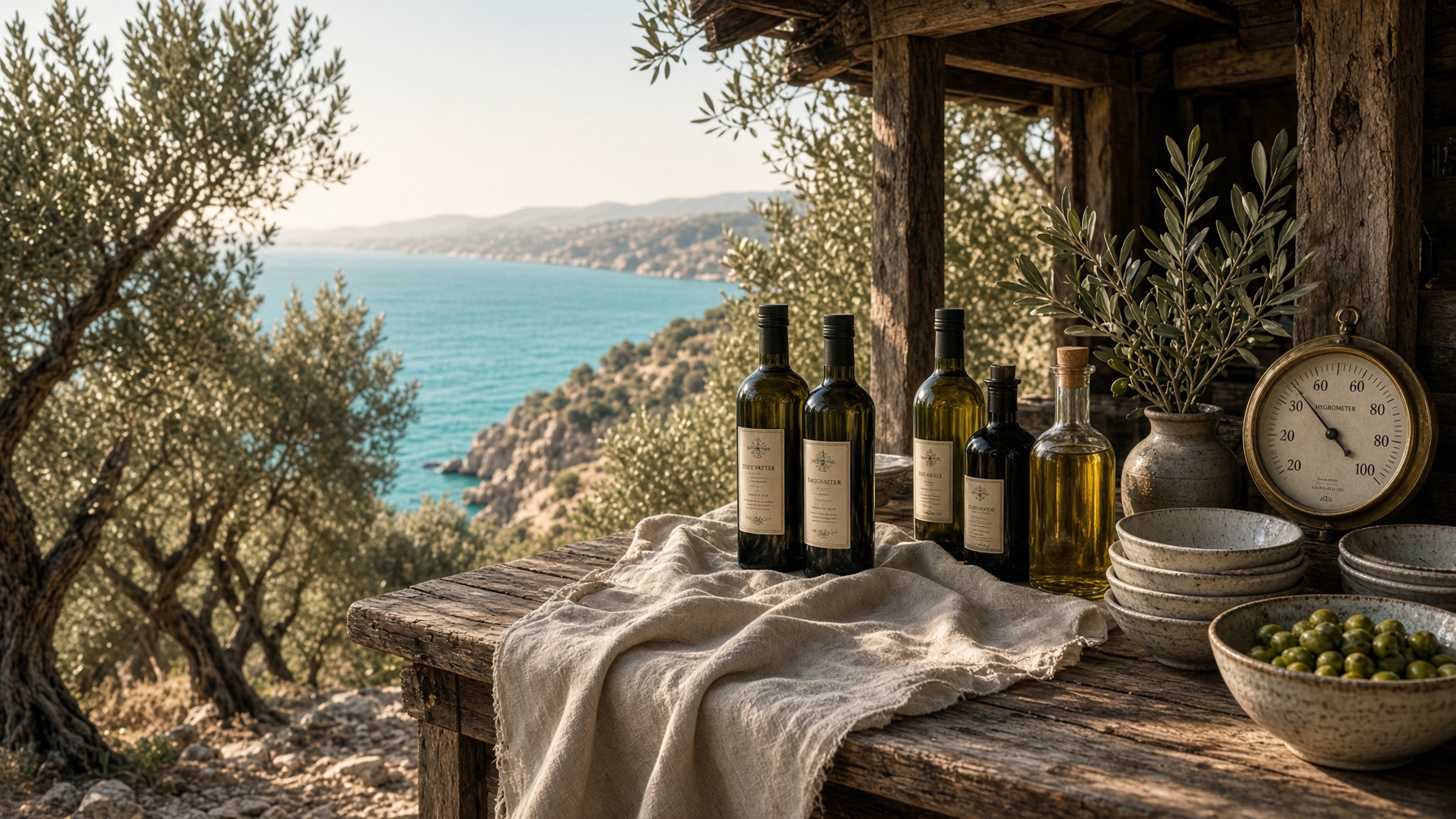 Olive-grove market stall above a turquoise cove